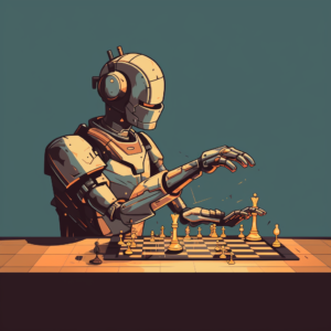 Premium AI Image  Robot With Humanlike Face Playing Chess Against Computer  Screen Displaying Virtual Opponent Generative AI